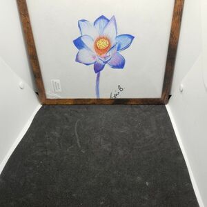 Hand Crafted Original Blue Floral Art   Framed Colored Pencil Drawing 12x10